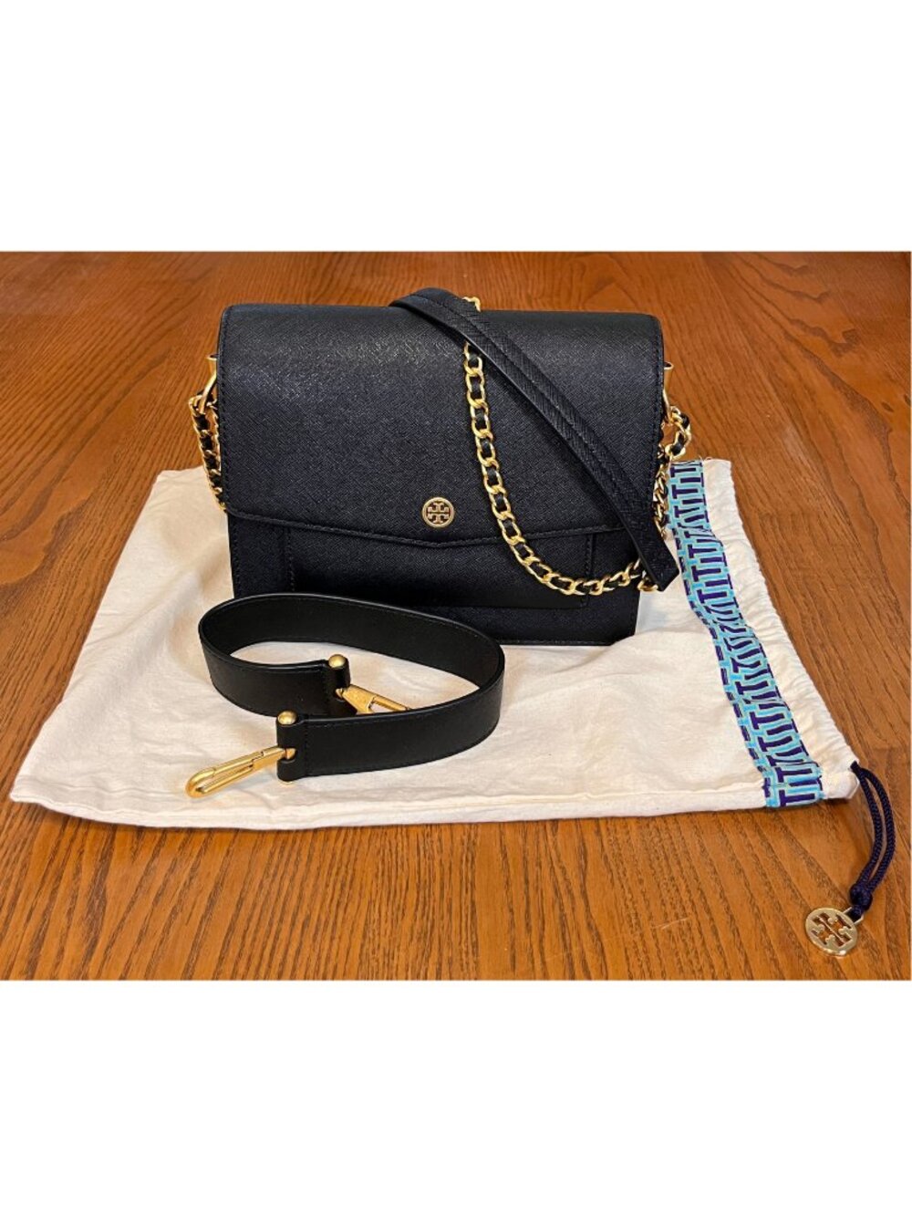 Tory Burch Robinson Black Saffiano Leather Chain Shoulder Crossbody Bag